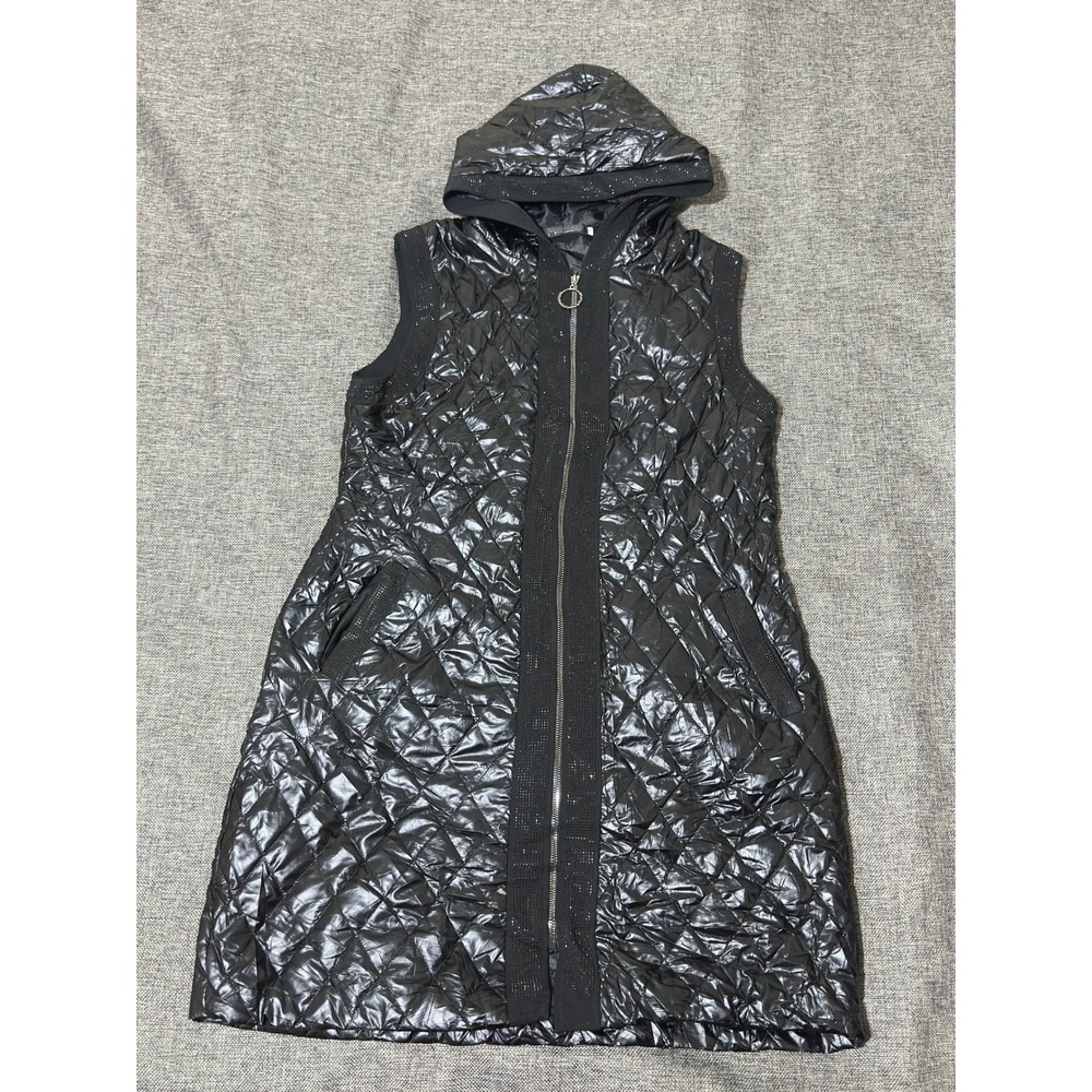 Markiz Collection Womens M Puffer Vest Black Quilted Hooded Rhinestone Trim